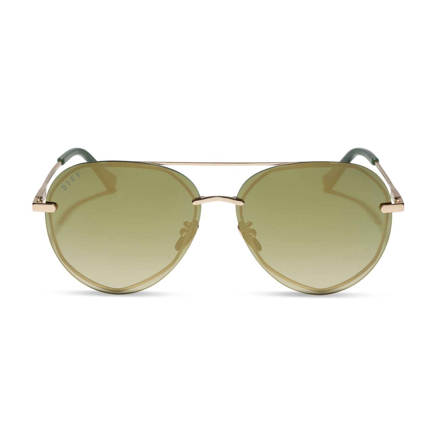diff eyewear featuring the lenox aviator sunglasses with a gold metal frame and aloe green gradient w/ light gold flash polarized lenses front view