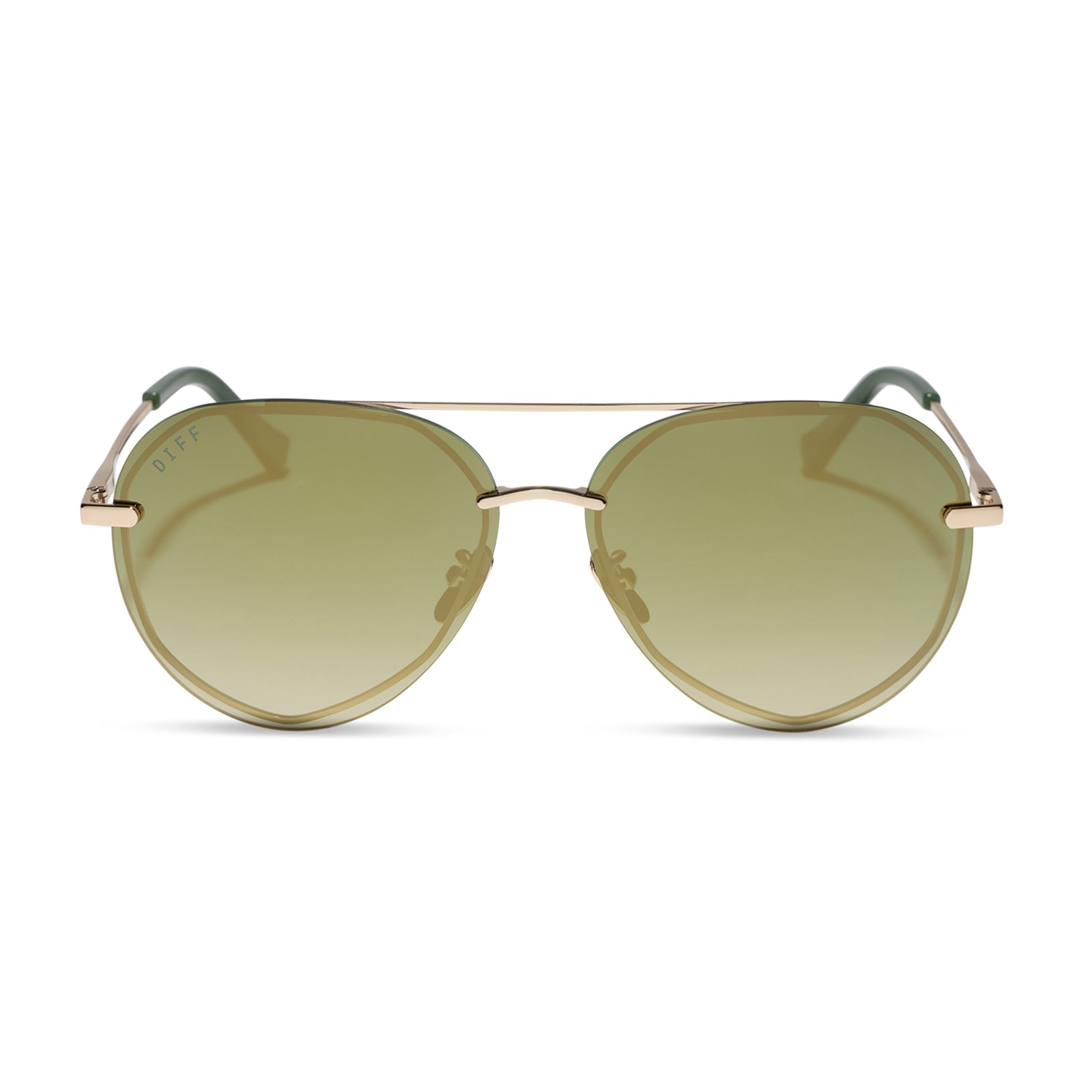 diff eyewear featuring the lenox aviator sunglasses with a gold metal frame and aloe green gradient w/ light gold flash polarized lenses front view