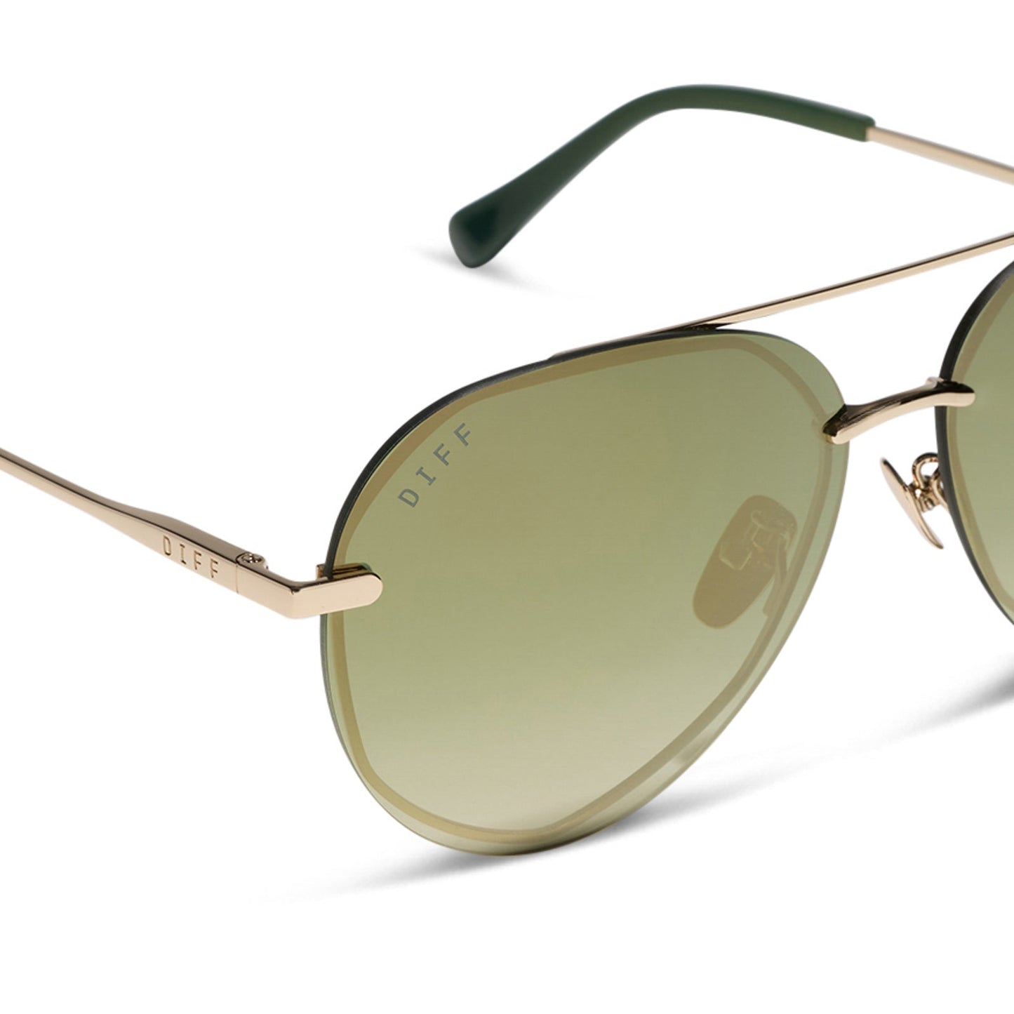 diff eyewear featuring the lenox aviator sunglasses with a gold metal frame and aloe green gradient w/ light gold flash polarized lenses detailed view