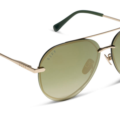 diff eyewear featuring the lenox aviator sunglasses with a gold metal frame and aloe green gradient w/ light gold flash polarized lenses detailed view