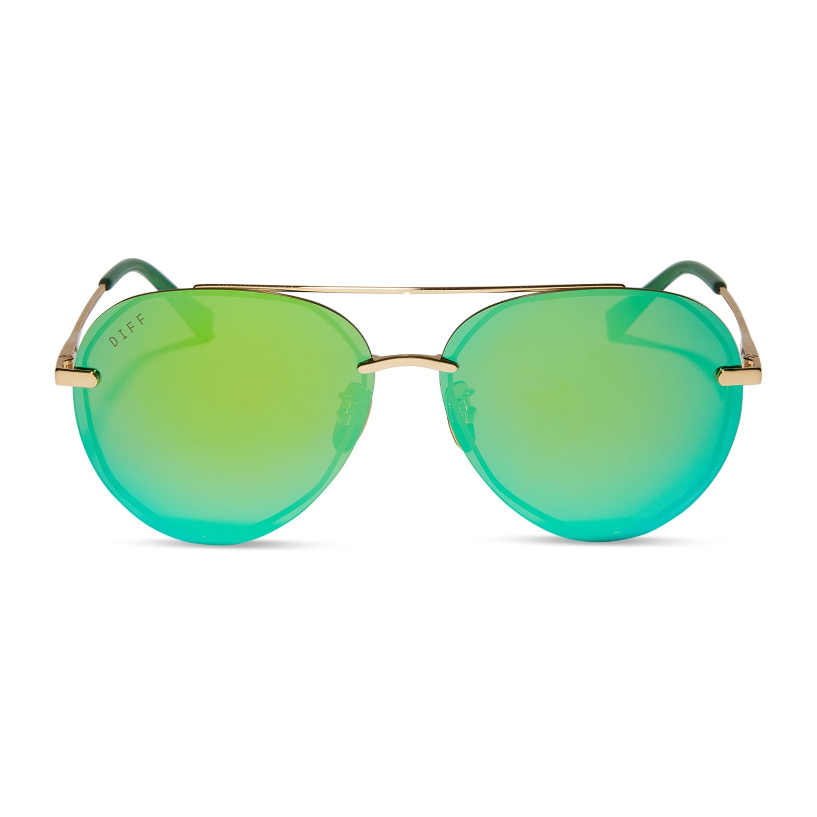 diff eyewear lenox aviator sunglasses with a gold metal frame, green temple tips and  green mirror polarized lenses front view