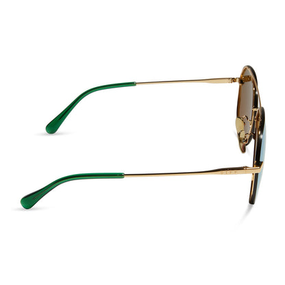 diff eyewear lenox aviator sunglasses with a gold metal frame, green temple tips and  green mirror polarized lenses side view