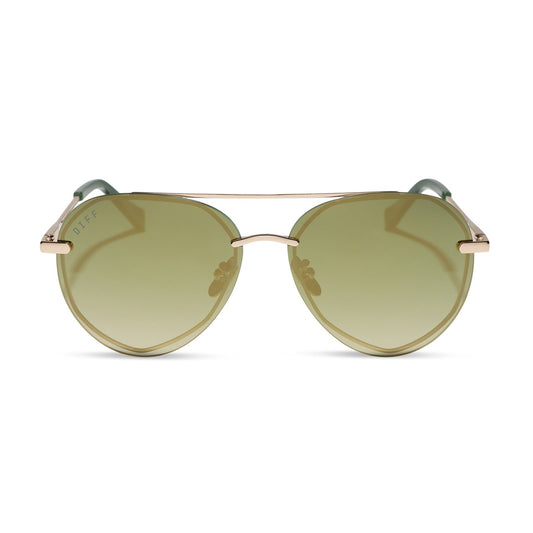 diff eyewear featuring the lenox xs aviator sunglasses with a gold metal frame and aloe green gradient with light gold flash polarized lenses front view