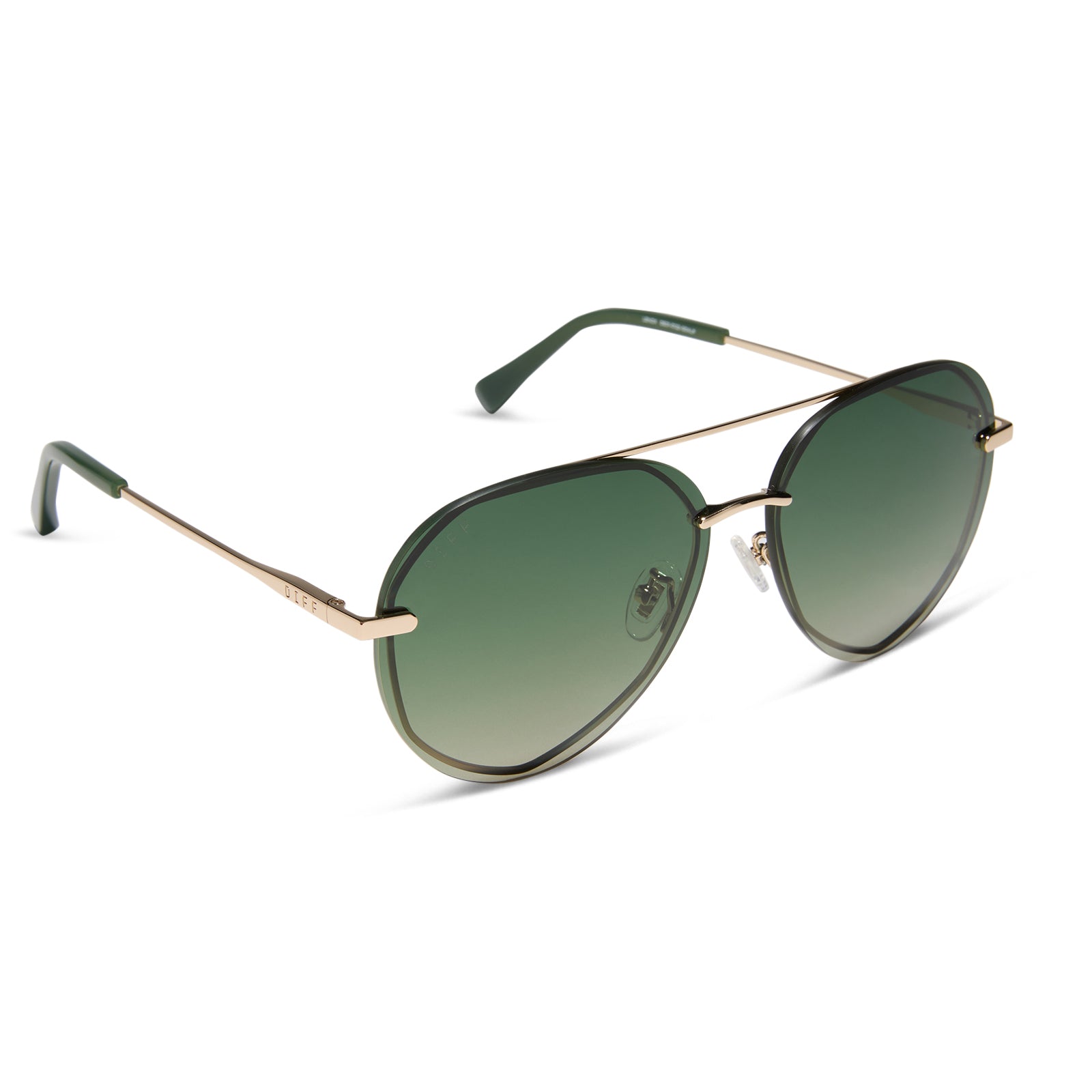 diff eyewear featuring the lenox xs aviator sunglasses with a gold metal frame and aloe green gradient with light gold flash polarized lenses angled view