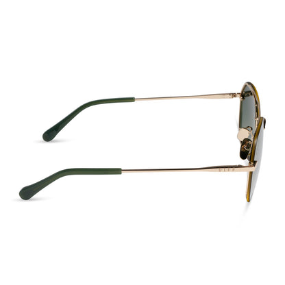 diff eyewear featuring the lenox xs aviator sunglasses with a gold metal frame and aloe green gradient with light gold flash polarized lenses side view