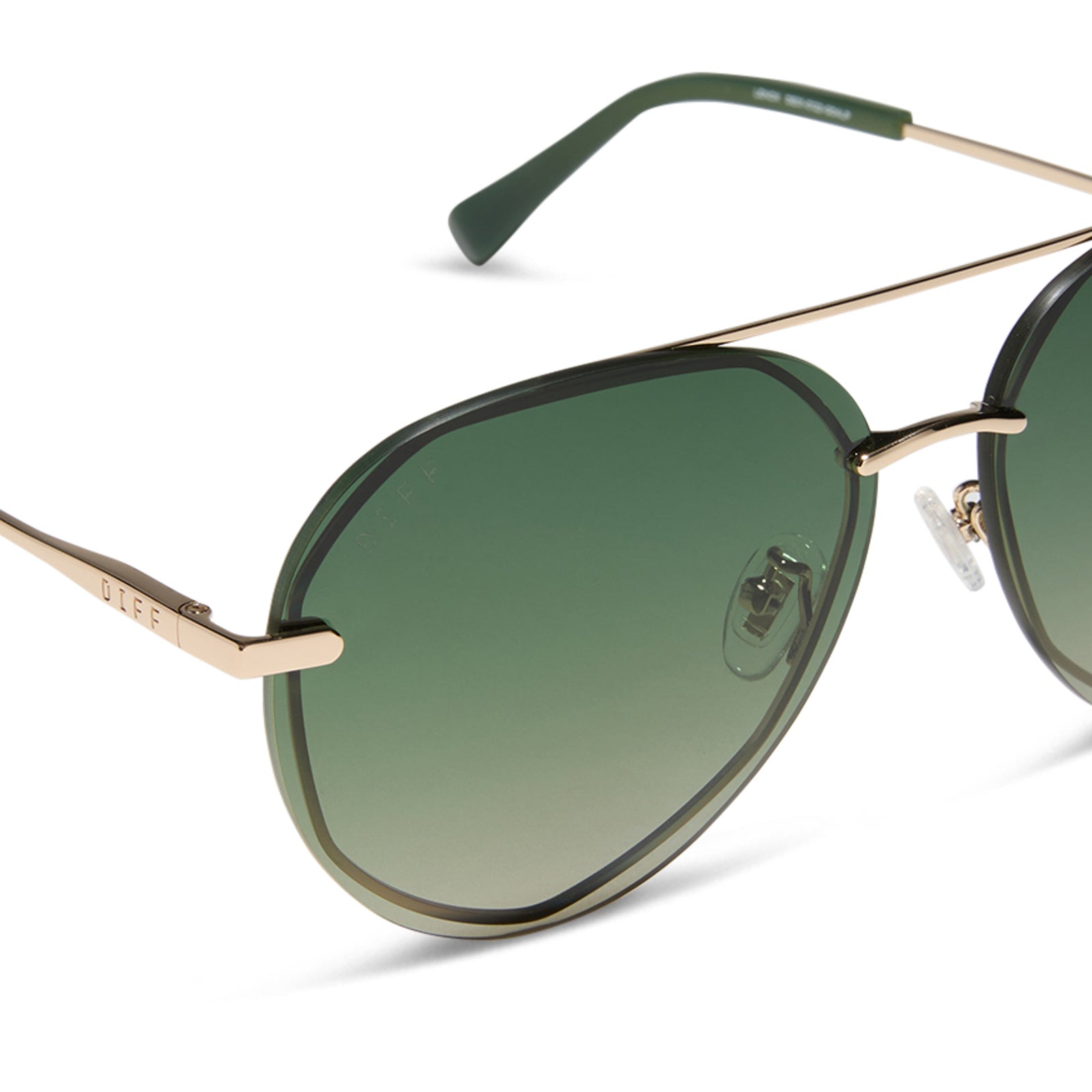 diff eyewear featuring the lenox xs aviator sunglasses with a gold metal frame and aloe green gradient with light gold flash polarized lenses detailed view
