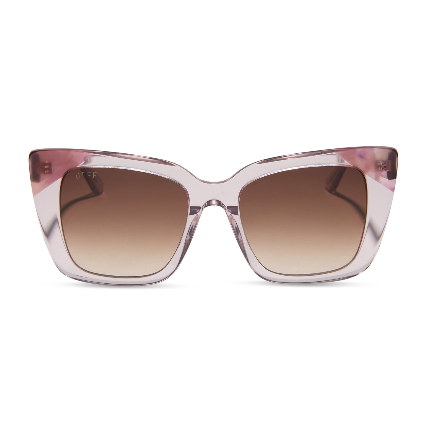 diff eyewear featuring the lizzy cat eye sunglasses with a light pink crystal + fleur pink tort tips frame and brown gradient lenses front view