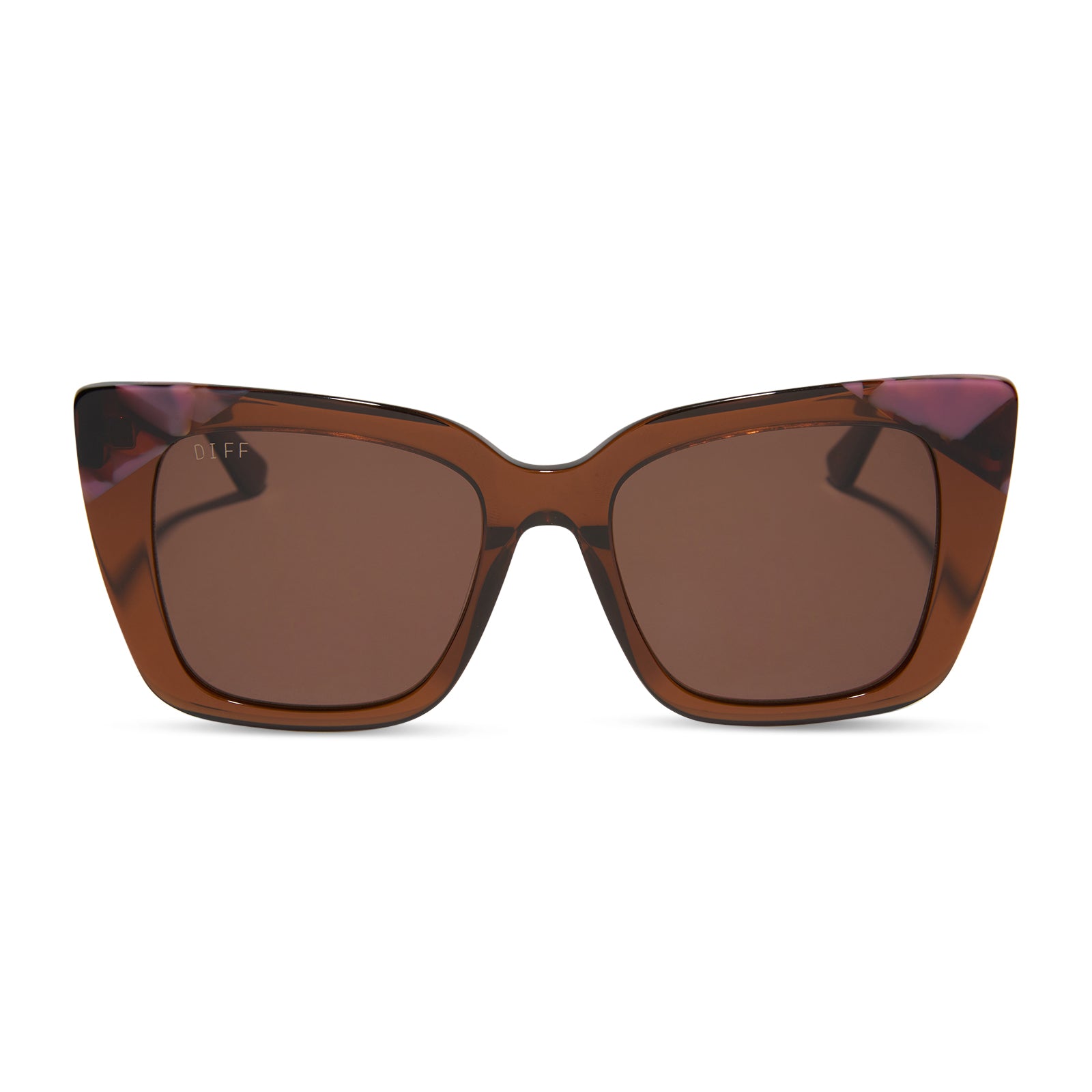 diff eyewear featuring the lizzy cat eye sunglasses with a whiskey + torino tortoise frame and brown lenses front view