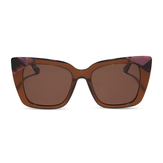 diff eyewear featuring the lizzy cat eye sunglasses with a whiskey + torino tortoise frame and brown lenses front view