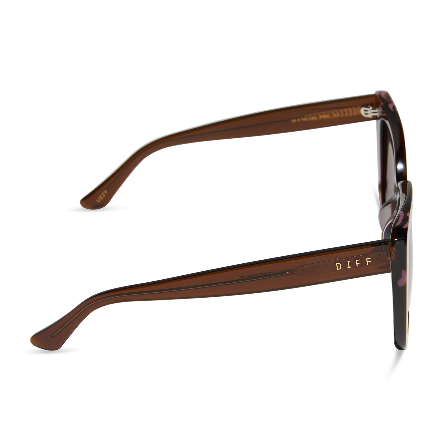 diff eyewear featuring the lizzy cat eye sunglasses with a whiskey + torino tortoise frame and brown lenses side view