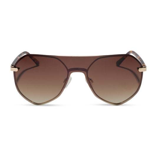 diff eyewear lonnie oversized aviator sunglasses with a gold metal frame and brown gradient polarized lenses front view