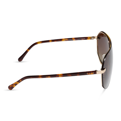 diff eyewear lonnie oversized aviator sunglasses with a gold metal frame and brown gradient polarized lenses side view