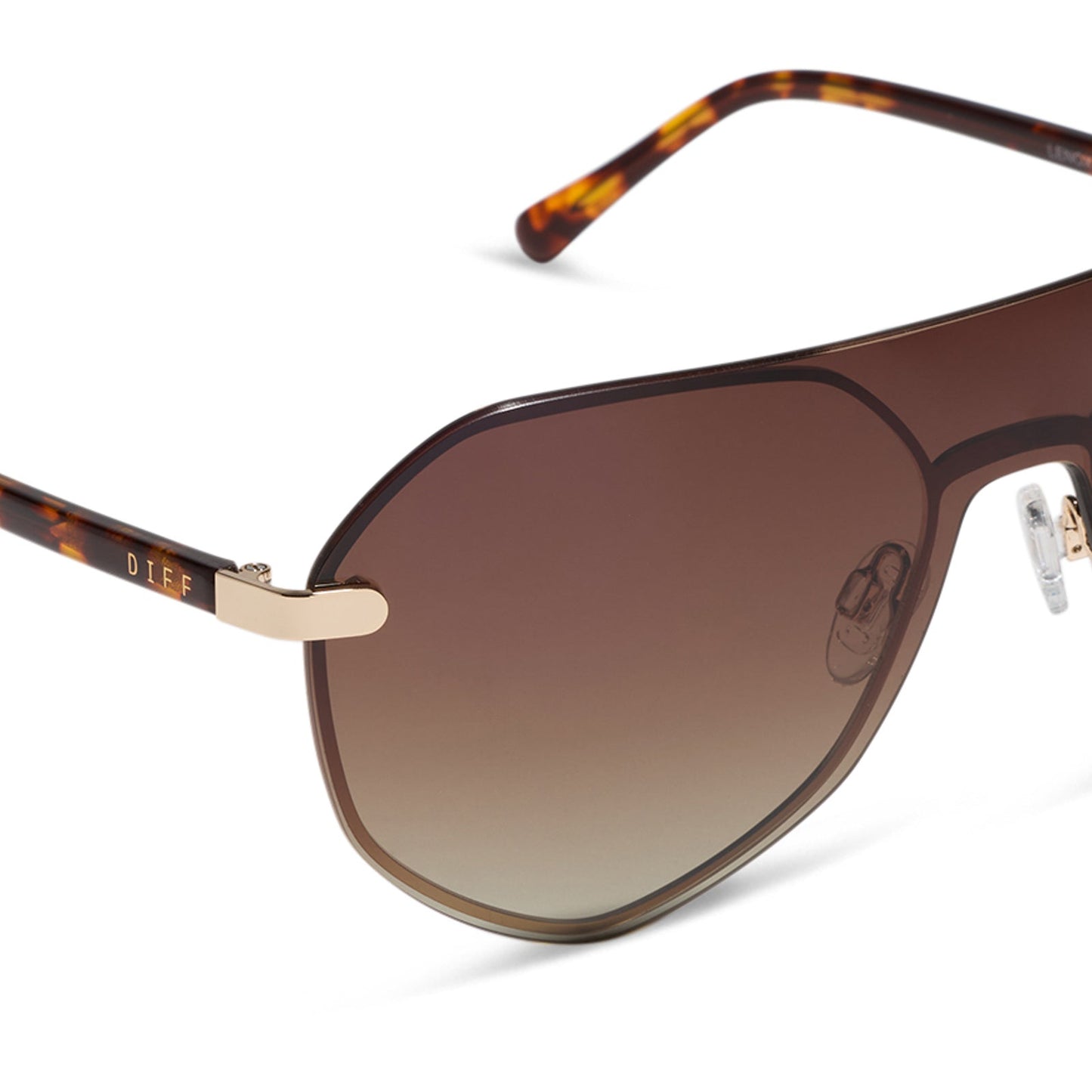 diff eyewear lonnie oversized aviator sunglasses with a gold metal frame and brown gradient polarized lenses detailed view