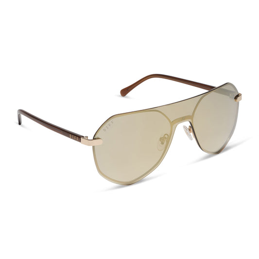 diff eyewear featuring the lonnie aviator sunglasses with a gold frame and champagne tint w/ light gold falsh polarized lenses angled view