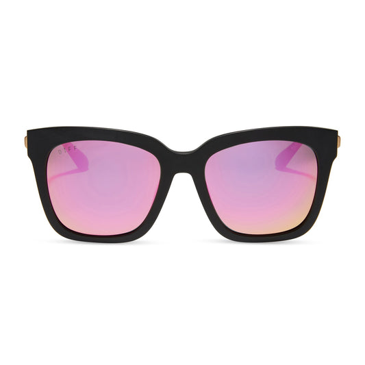 diff eyewear bella matte black frame with pink mirror polarized lenses sunglasses front view