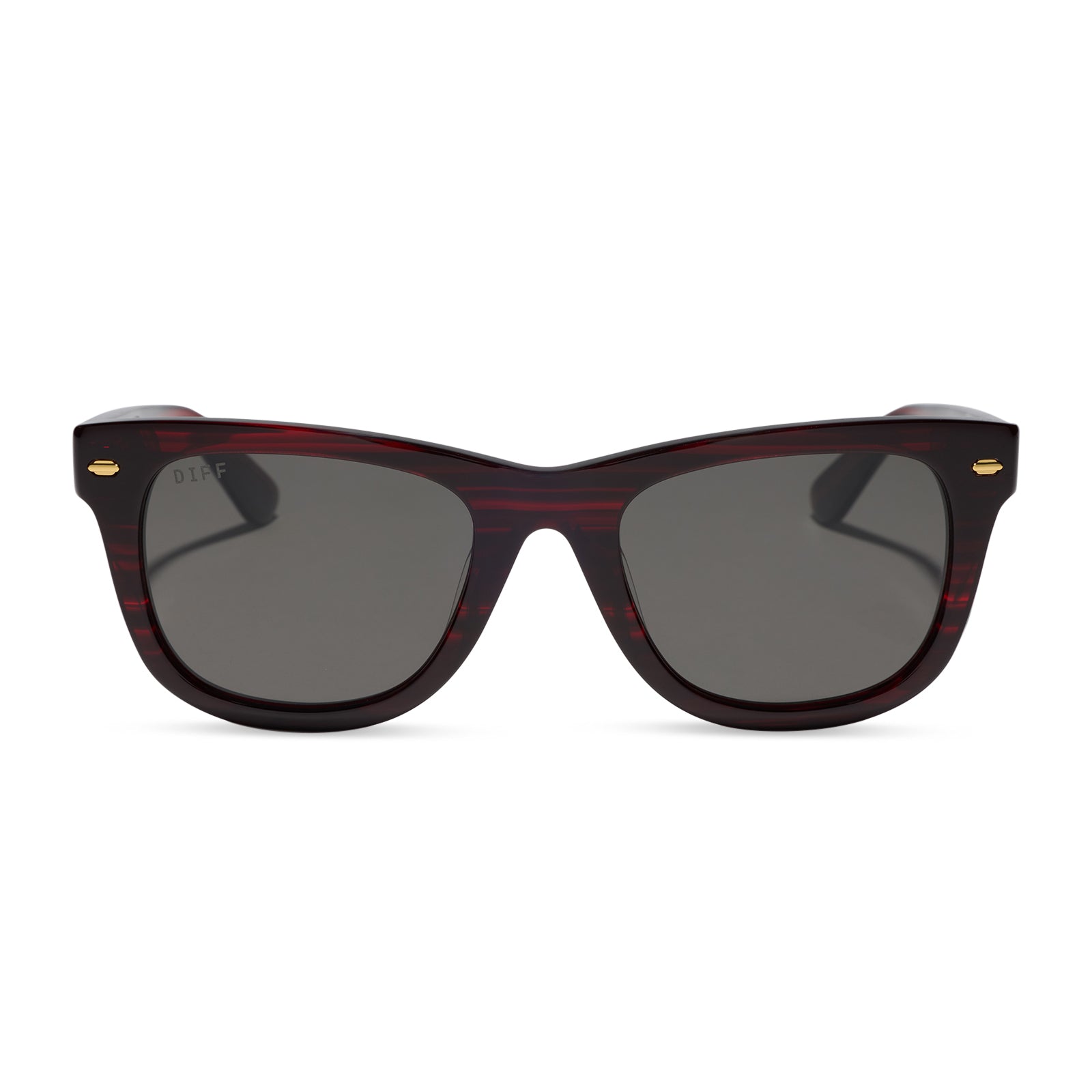 diff eyewear mercer square sunglasses with a redwood acetate frame and grey polarized lenses front view