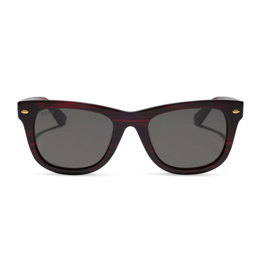 diff eyewear mercer square sunglasses with a redwood acetate frame and grey polarized lenses front view