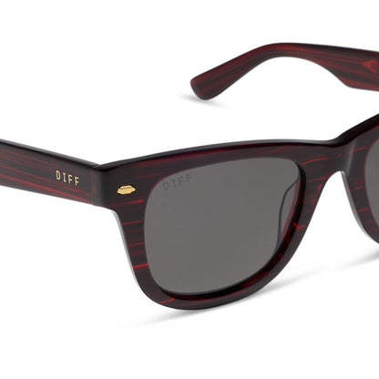 diff eyewear mercer square sunglasses with a redwood acetate frame and grey polarized lenses detailed view