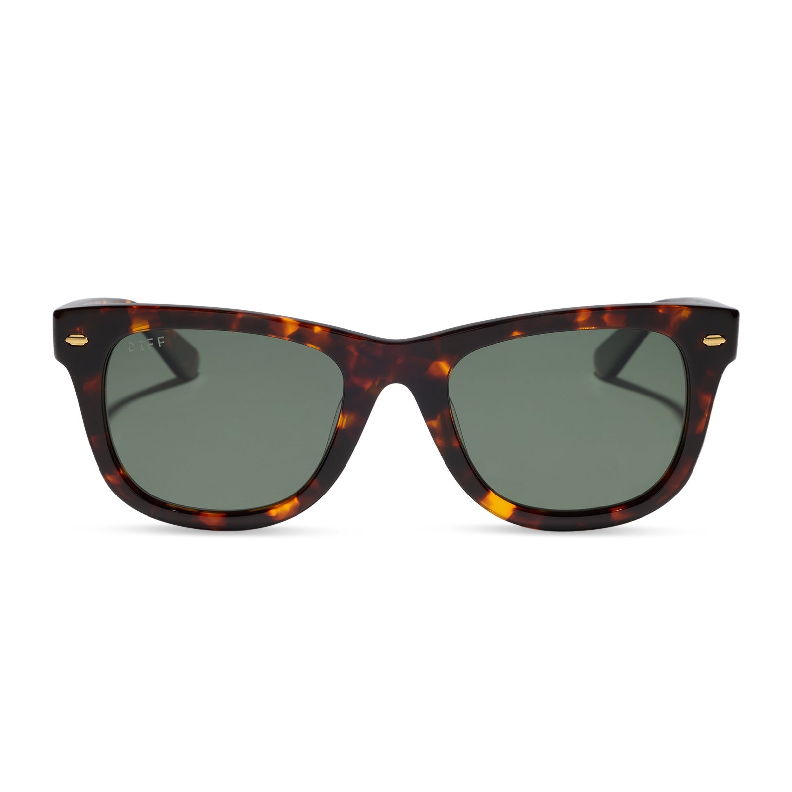 diff eyewear mercer square sunglasses with a rich tortoise acetate frame and g15 polarized lenses front view