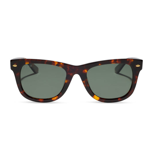 diff eyewear mercer square sunglasses with a rich tortoise acetate frame and g15 polarized lenses front view
