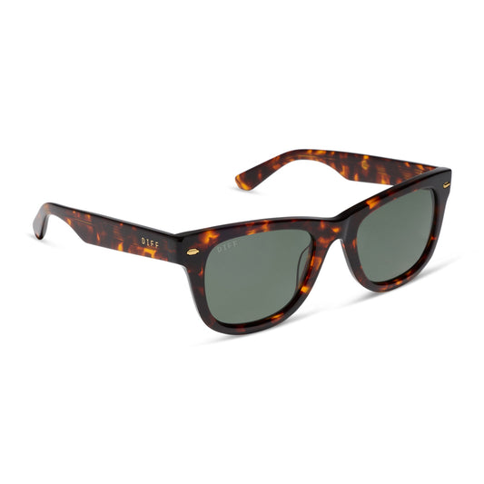 diff eyewear mercer square sunglasses with a rich tortoise acetate frame and g15 polarized lenses angled view