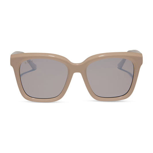 diff eyewear featuring the meredith square sunglasses with a almond frame and silver flash polarized lenses front view