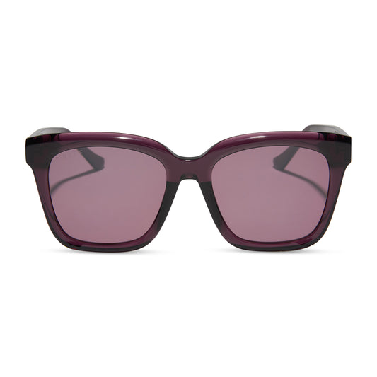 diff eyewear featuring the meredith square sunglasses with a aubergine purple red frame and aubergine with silver flash lenses front view