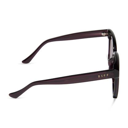 diff eyewear featuring the meredith square sunglasses with a aubergine purple red frame and aubergine with silver flash lenses side view