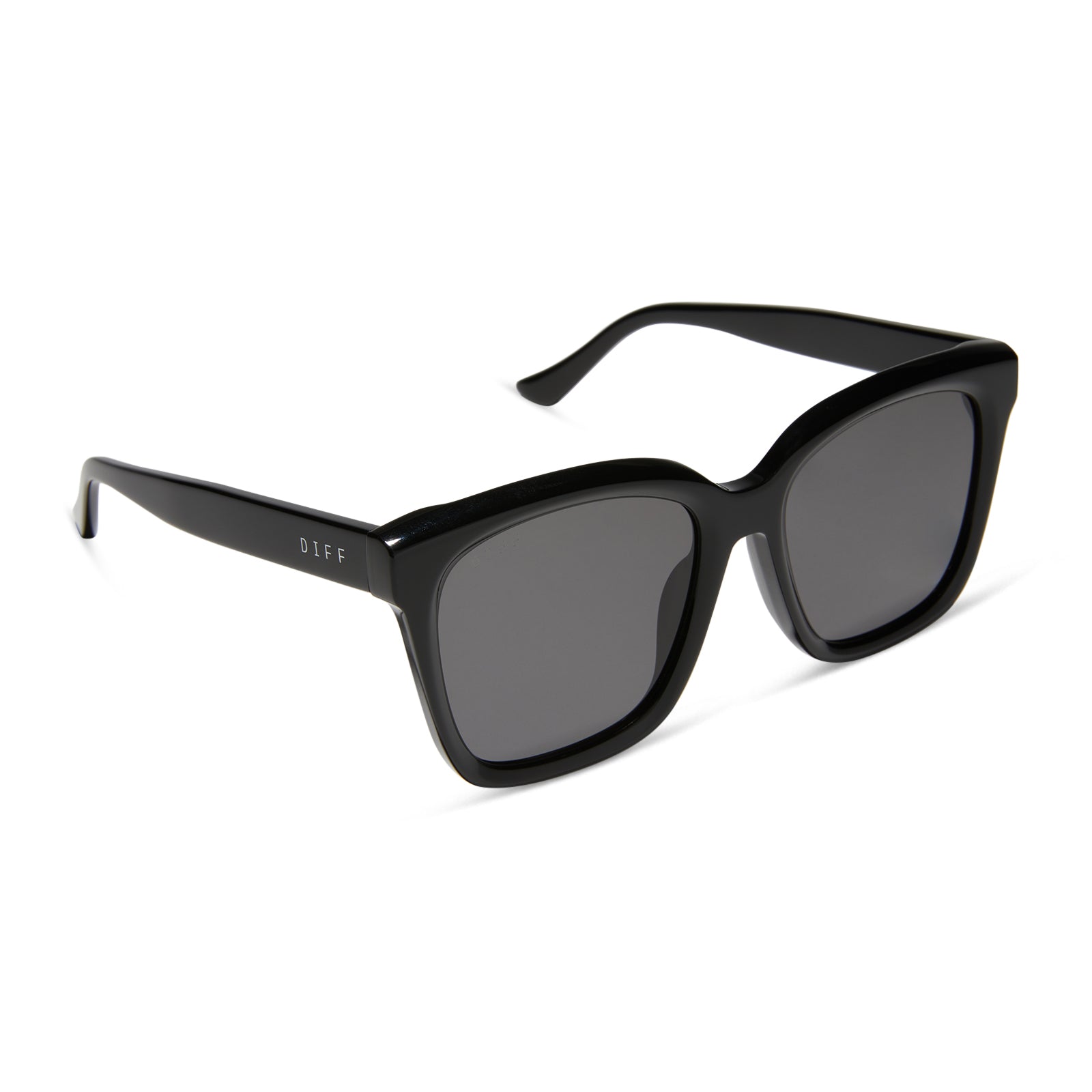 diff eyewear meredith square sunglasses with a black acetate frame and grey lenses angled view