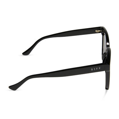 diff eyewear meredith square sunglasses with a black acetate frame and grey lenses side view