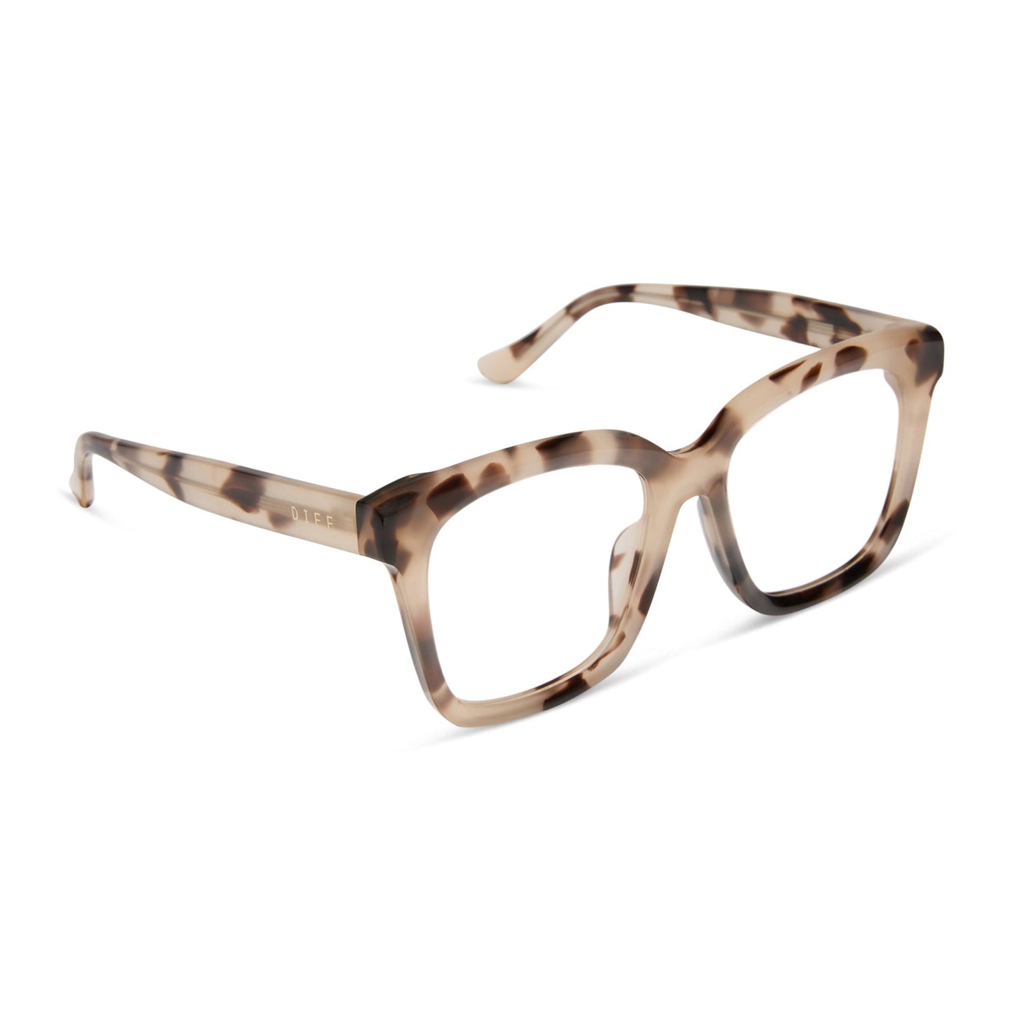 diff eyewear featuring the meredith square prescription glasses with a cream tortoise frame angled view