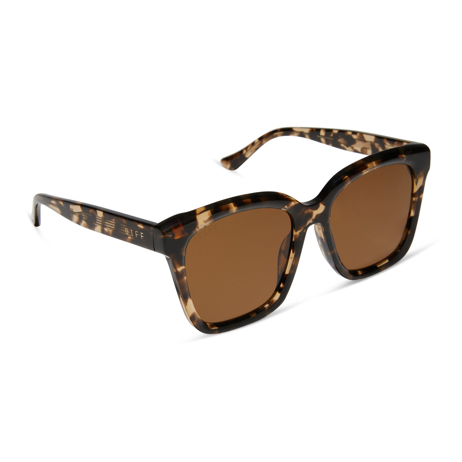 diff eyewear meredith square sunglasses with a espresso tortoise acetate frame and brown polarized lenses angled view