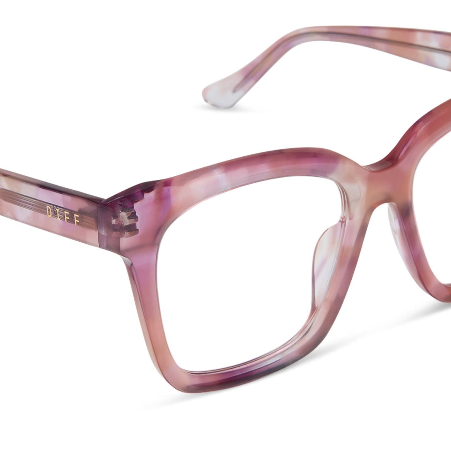 diff eyewear featuring the meredith square prescription glasses with a fleur pink tortoise frame detailed view