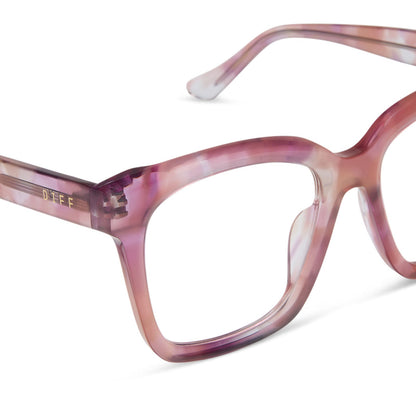 diff eyewear featuring the meredith square prescription glasses with a fleur pink tortoise frame detailed view