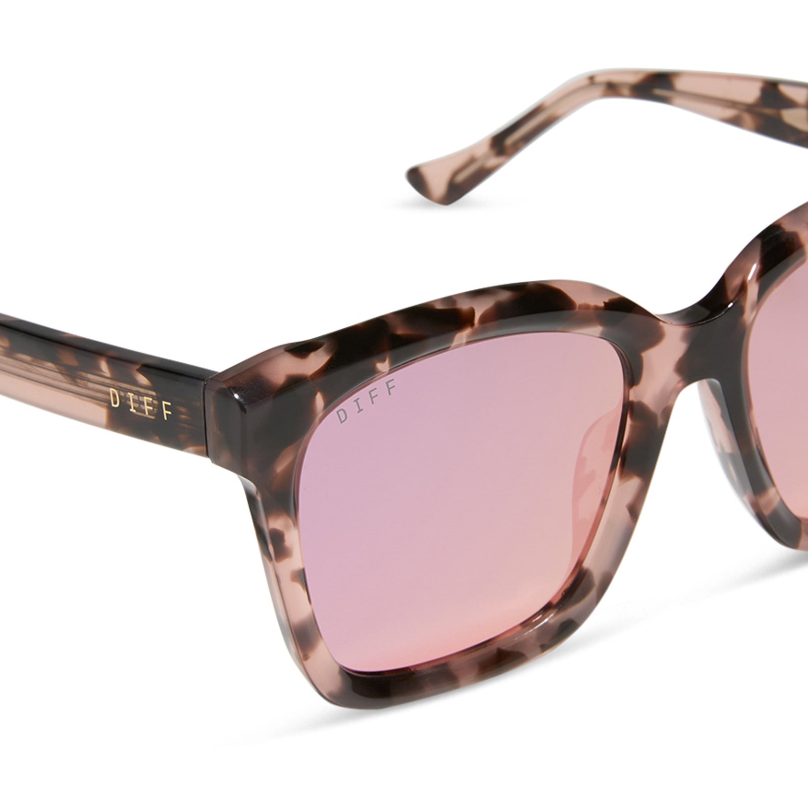 diff eyewear meredith square sunglasses himalayan tortoise & light pink mirror detailed view