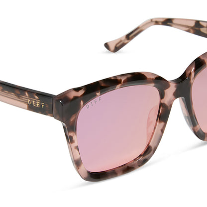 diff eyewear meredith square sunglasses himalayan tortoise & light pink mirror detailed view