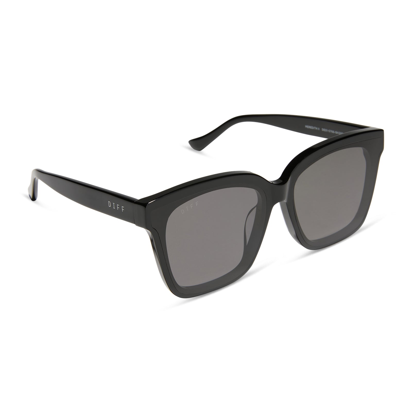 diff eyewear featuring the meredith ii square sunglasses with a black frame and grey lenses angled view