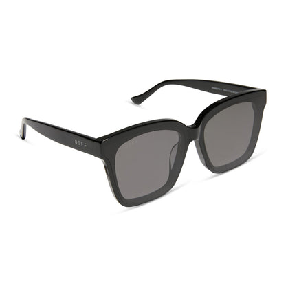 diff eyewear featuring the meredith ii square sunglasses with a black frame and grey lenses angled view
