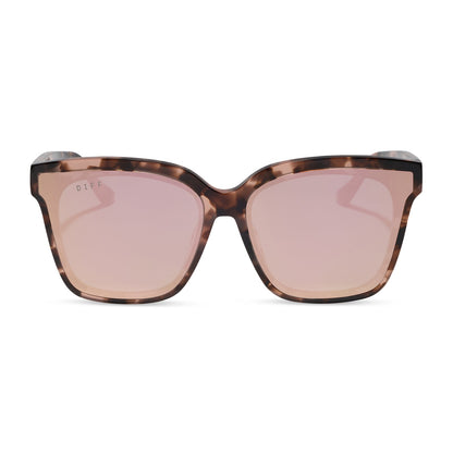 diff eyewear featuring the meredith ii square sunglasses with a himalyan tortoise frame and taupe mirror lenses front view
