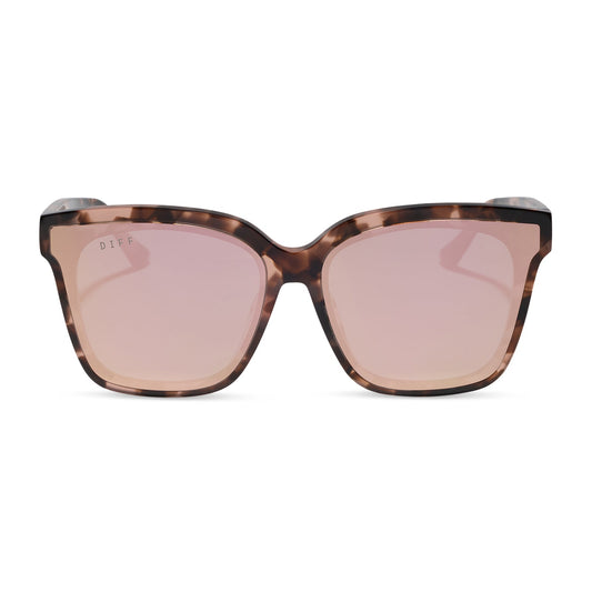 diff eyewear featuring the meredith ii square sunglasses with a himalyan tortoise frame and taupe mirror lenses front view