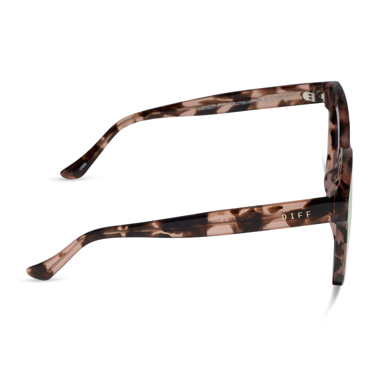 diff eyewear featuring the meredith ii square sunglasses with a himalyan tortoise frame and taupe mirror lenses side view