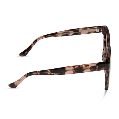 diff eyewear featuring the meredith ii square sunglasses with a himalyan tortoise frame and taupe mirror lenses side view