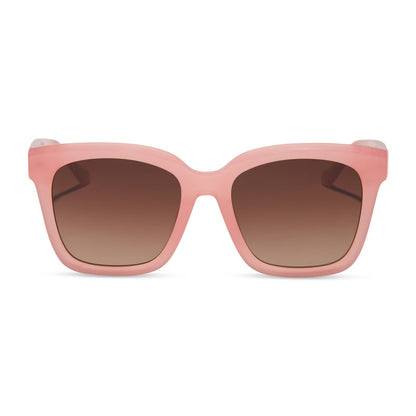diff eyewear featuring the meredith square sunglasses with a peach frame and brown gradient polarized lenses front view