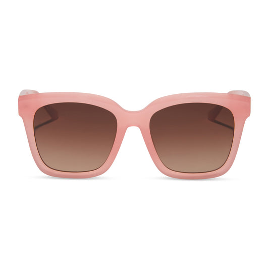 diff eyewear featuring the meredith square sunglasses with a peach frame and brown gradient polarized lenses front view
