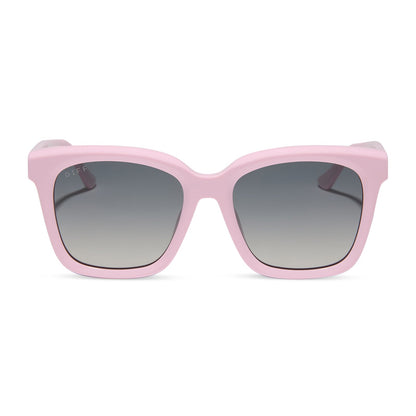 diff eyewear featuring the meredith square sunglasses with a powder pink frame and grey gradient polarized lenses front view