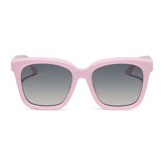 diff eyewear featuring the meredith square sunglasses with a powder pink frame and grey gradient polarized lenses front view