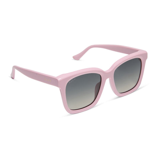 diff eyewear featuring the meredith square sunglasses with a powder pink frame and grey gradient polarized lenses angled view
