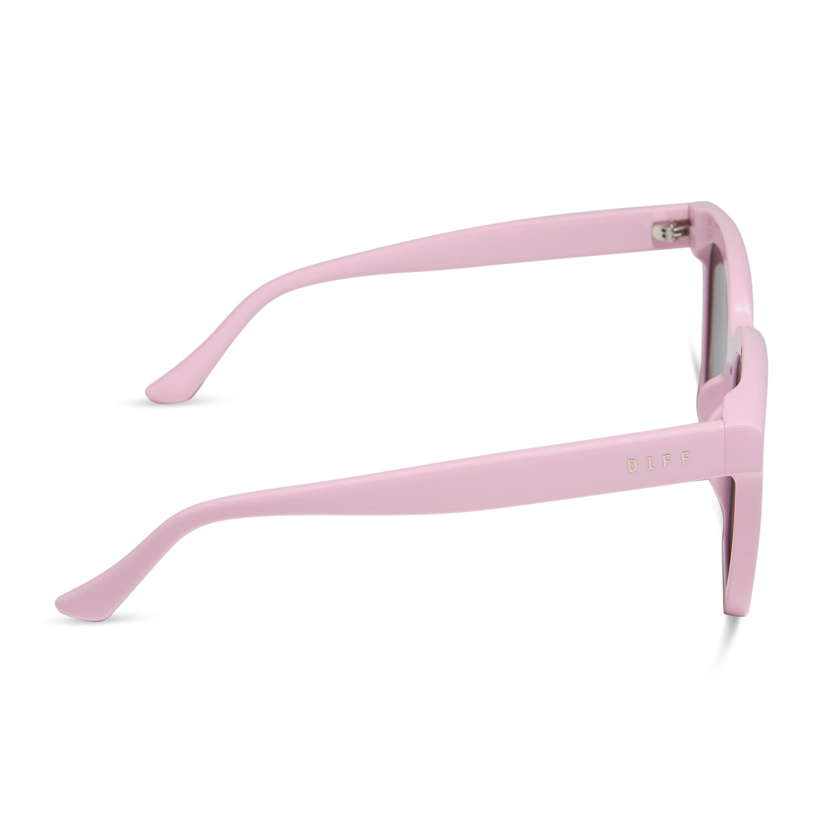 diff eyewear featuring the meredith square sunglasses with a powder pink frame and grey gradient polarized lenses side view
