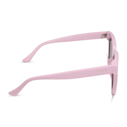 diff eyewear featuring the meredith square sunglasses with a powder pink frame and grey gradient polarized lenses side view