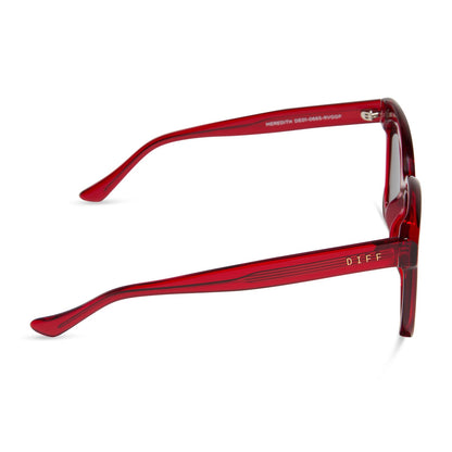 diff eyewear featuring the meredith square sunglasses with a red hot summer frame and grey gradient polarized lenses side view